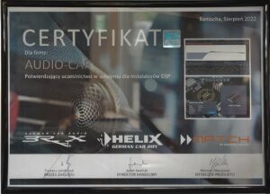 Certyfikat dla Audio-Car potwierdzający uczestnictwo w szkoleniu dla instalatorów DSP (BRAX, HELIX, MATCH)